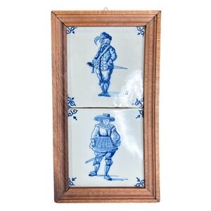 VTG Royal Tichelaar Makkum Dutch Delft Blue Tile Pair Framed Historical Figures